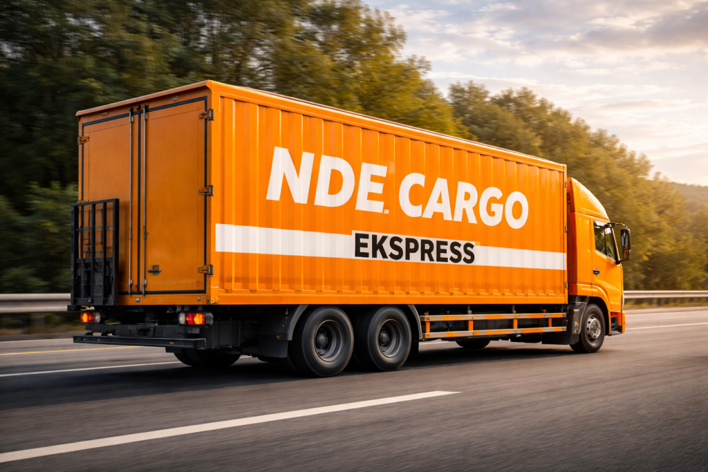Truk NDE Cargo berwarna oranye sedang melaju di jalan raya membawa muatan pengiriman cargo antar kota dengan sistem ekspres