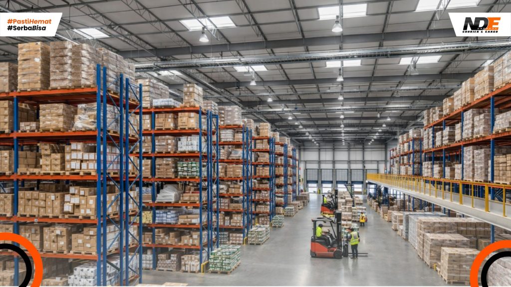 Gudang logistik modern dengan rak penyimpanan tinggi, forklift, dan aktivitas handling barang dalam proyek logistik