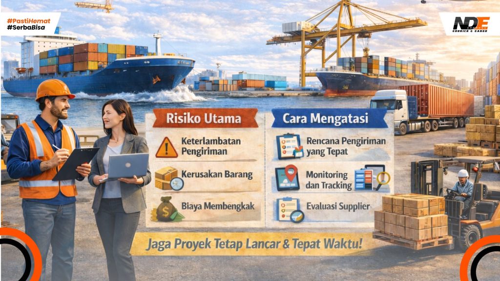 manajemen risiko logistik proyek di pelabuhan dengan aktivitas pengiriman, bongkar muat kontainer, dan koordinasi tim untuk mencegah keterlambatan proyek.