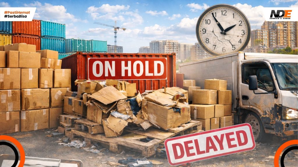 kontainer bertanda on hold, truk pengiriman, dan dokumen invoice bermasalah yang menggambarkan kesalahan dalam memilih vendor logistik.